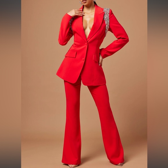 Claire Embellished Blazer Pant Suit Set - Red - Picture 4 of 7